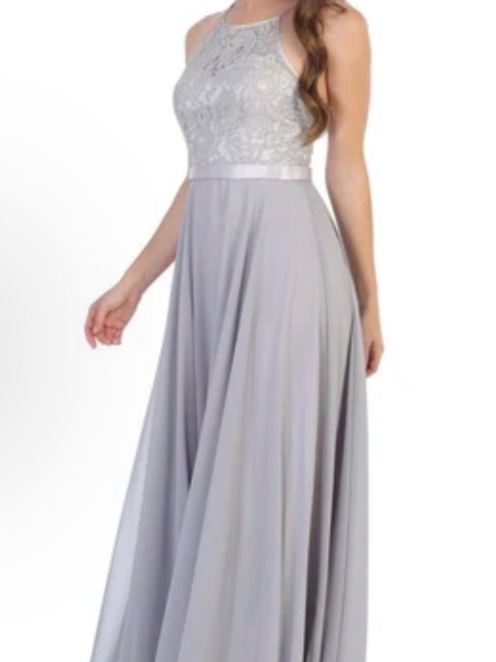 Silver Halter Lace Bodice A-Line Wedding Dress